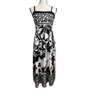 White House Black Market Silk Dress 0 Black White Floral Geometric Midi Lined